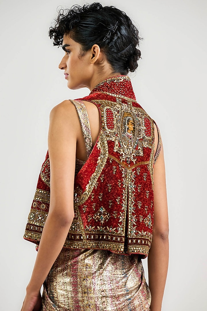 Rust Silk & Viscose Velvet Printed Gilet by OTT by Tarun Tahiliani at Pernia's Pop Up Shop
