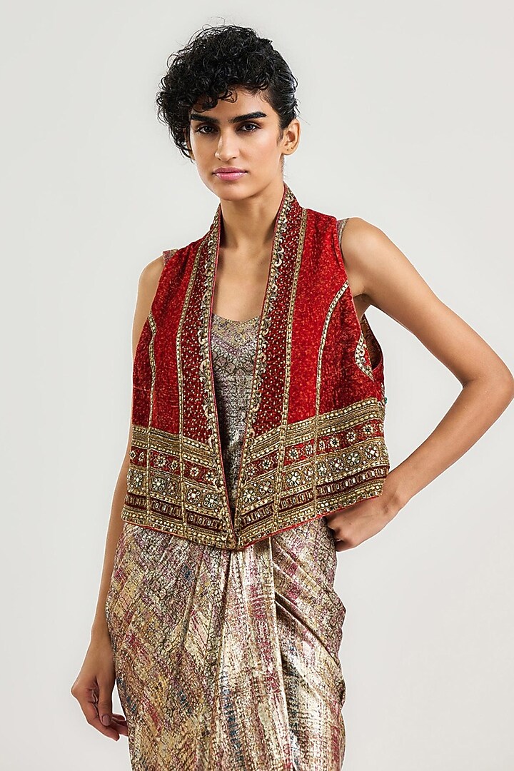 Rust Silk & Viscose Velvet Printed Gilet by OTT by Tarun Tahiliani at Pernia's Pop Up Shop