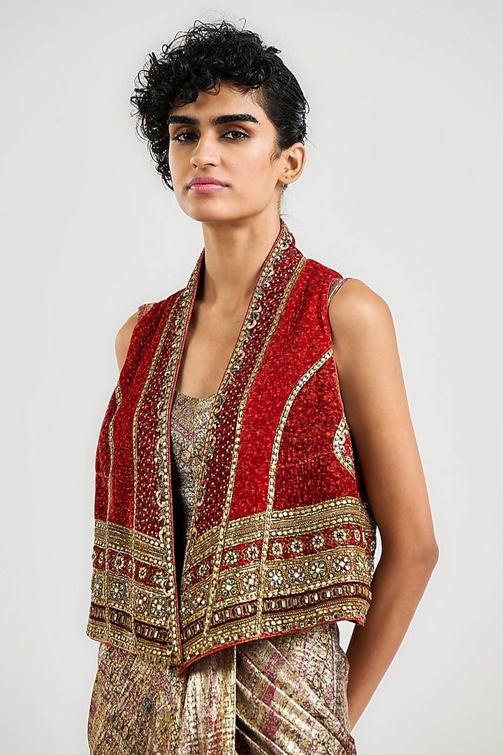 Rust Silk & Viscose Velvet Printed Gilet by OTT by Tarun Tahiliani at Pernia's Pop Up Shop
