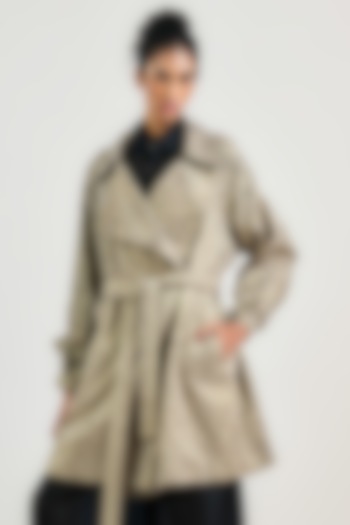 Taupe Linen Satin Thread Work Trench Coat by OTT by Tarun Tahiliani at Pernia's Pop Up Shop