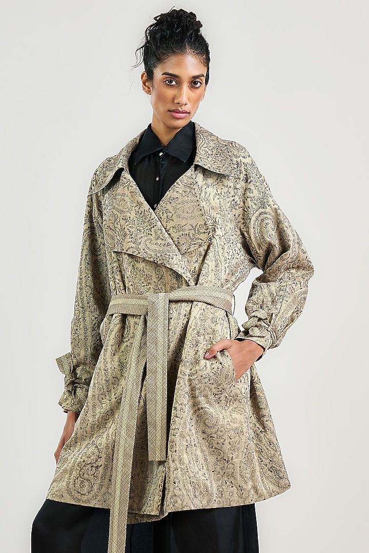 Taupe Linen Satin Thread Work Trench Coat by OTT by Tarun Tahiliani at Pernia's Pop Up Shop