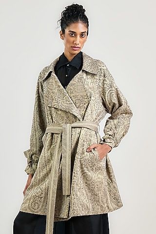 Taupe Linen Satin Thread Work Trench Coat by OTT by Tarun Tahiliani
