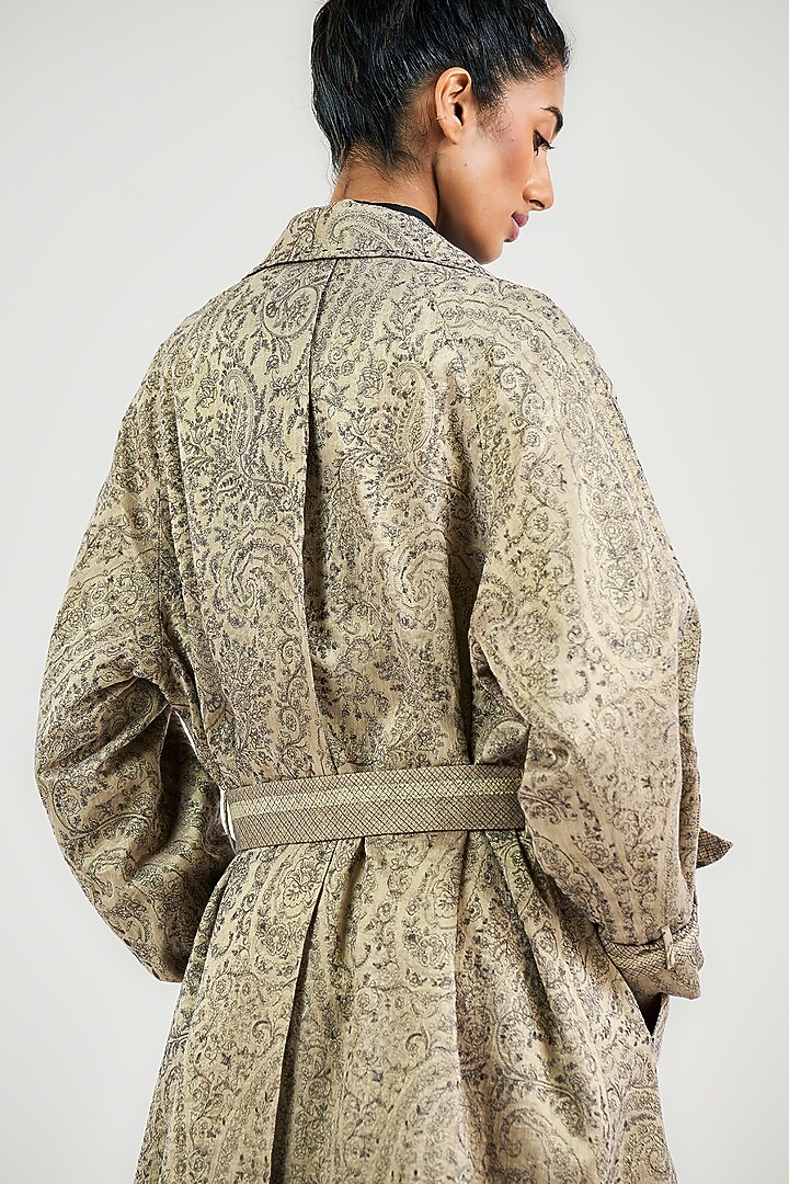 Taupe Linen Satin Thread Work Trench Coat by OTT by Tarun Tahiliani at Pernia's Pop Up Shop