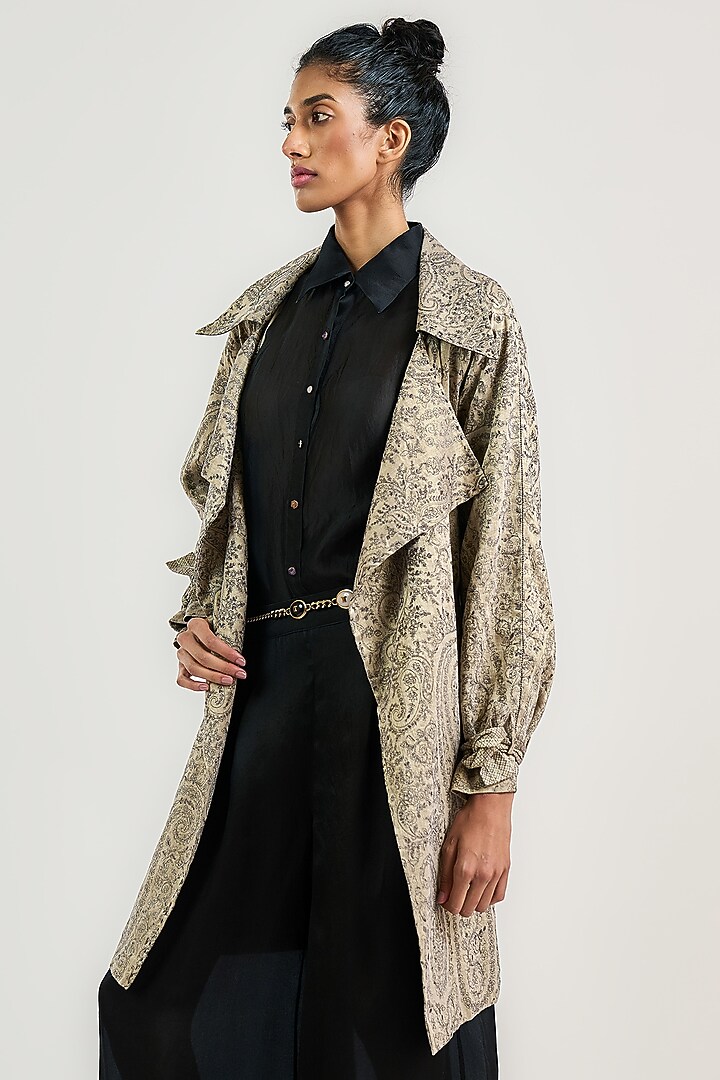 Taupe Linen Satin Thread Work Trench Coat by OTT by Tarun Tahiliani at Pernia's Pop Up Shop