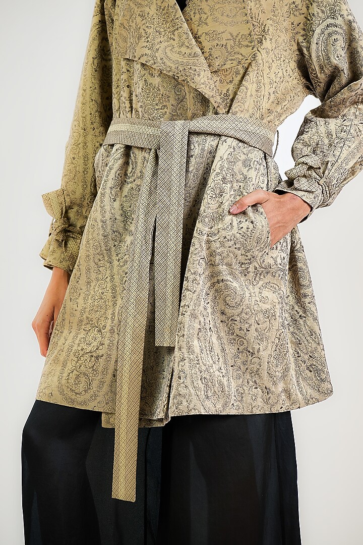 Taupe Linen Satin Thread Work Trench Coat by OTT by Tarun Tahiliani at Pernia's Pop Up Shop