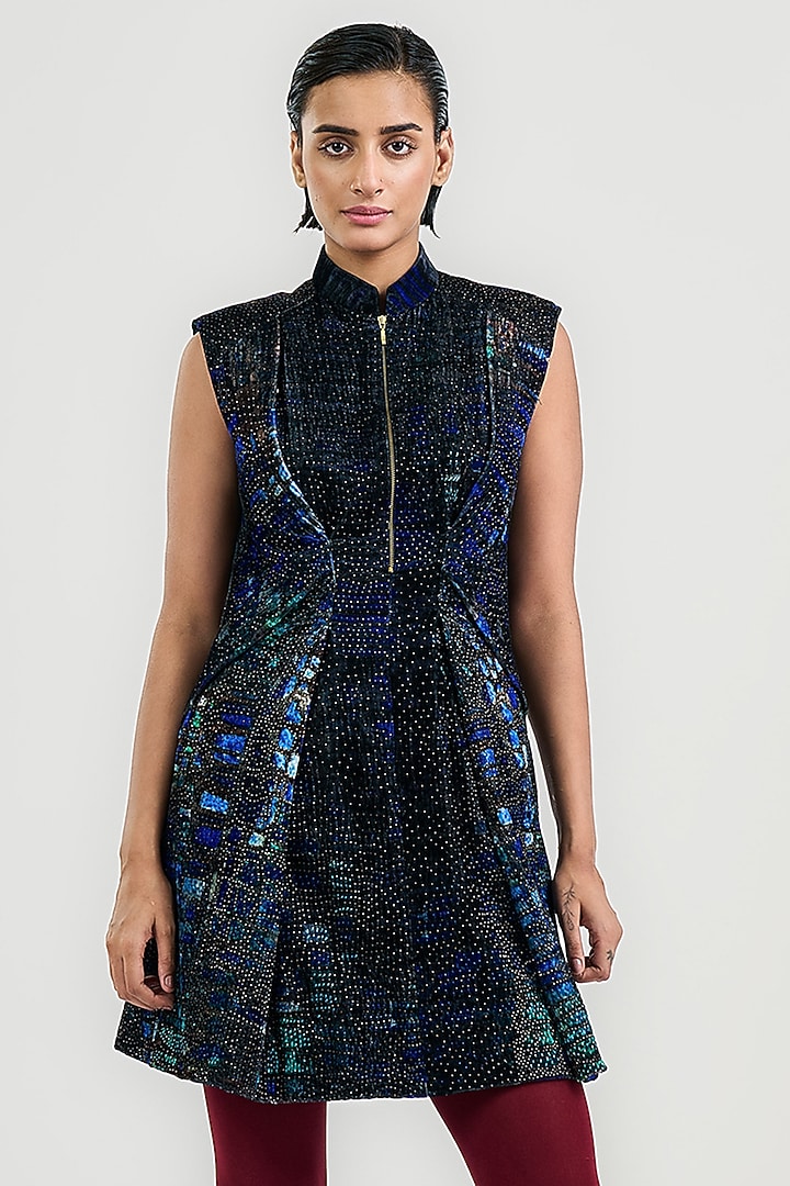 Blue Velvet Printed & Embellished Mini Party Wear Dress by OTT by Tarun Tahiliani at Pernia's Pop Up Shop