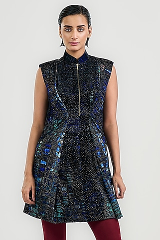 Blue Velvet Printed & Embellished Mini Dress by OTT by Tarun Tahiliani