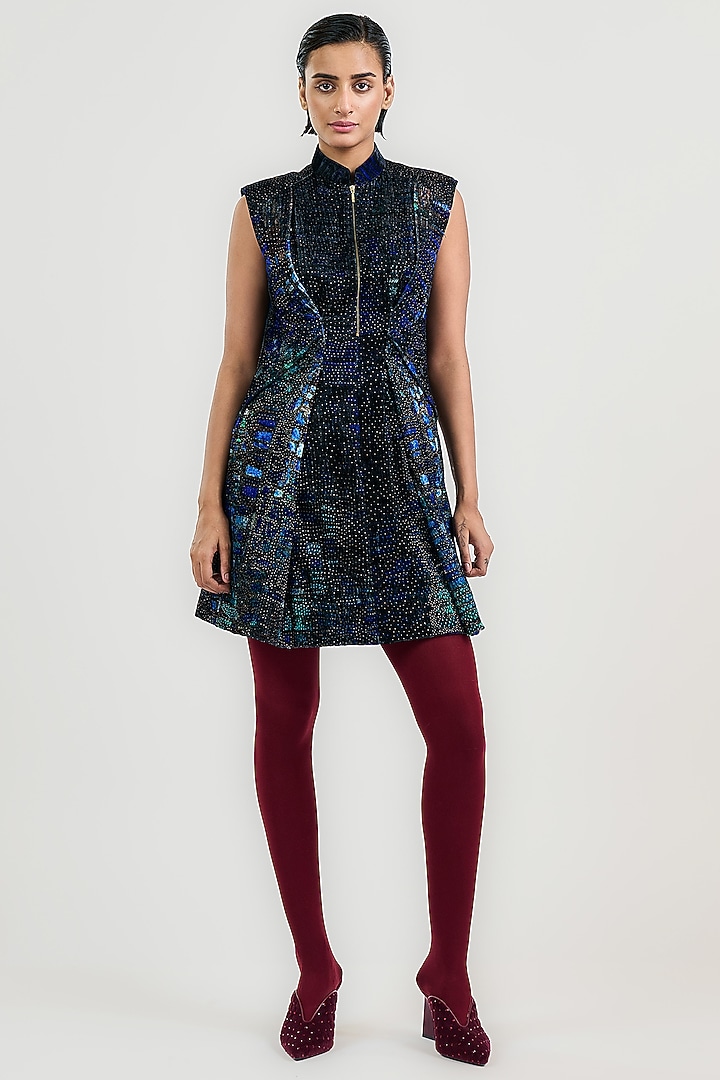 Blue Velvet Printed & Embellished Mini Party Wear Dress by OTT by Tarun Tahiliani at Pernia's Pop Up Shop
