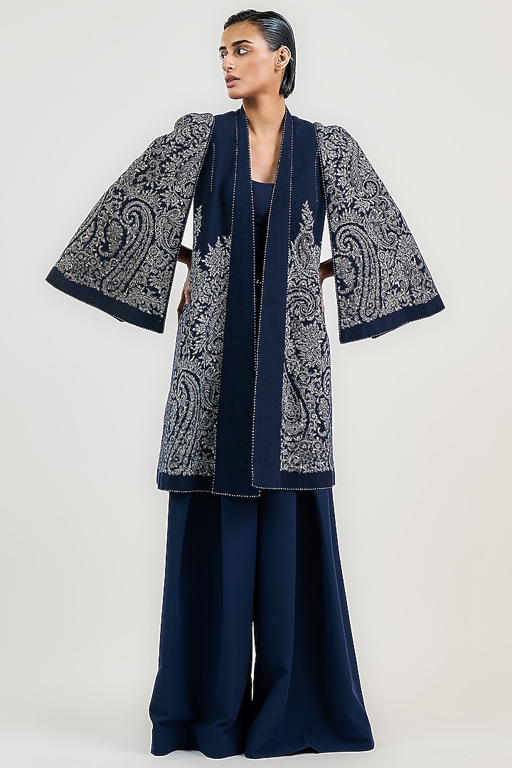 Navy Cotton Thread Work Coat by OTT by Tarun Tahiliani at Pernia's Pop Up Shop