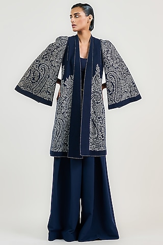 Navy Cotton Thread Work Coat by OTT by Tarun Tahiliani
