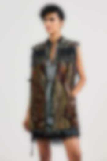 Black Silk Jamawar Printed Gilet by OTT by Tarun Tahiliani at Pernia's Pop Up Shop