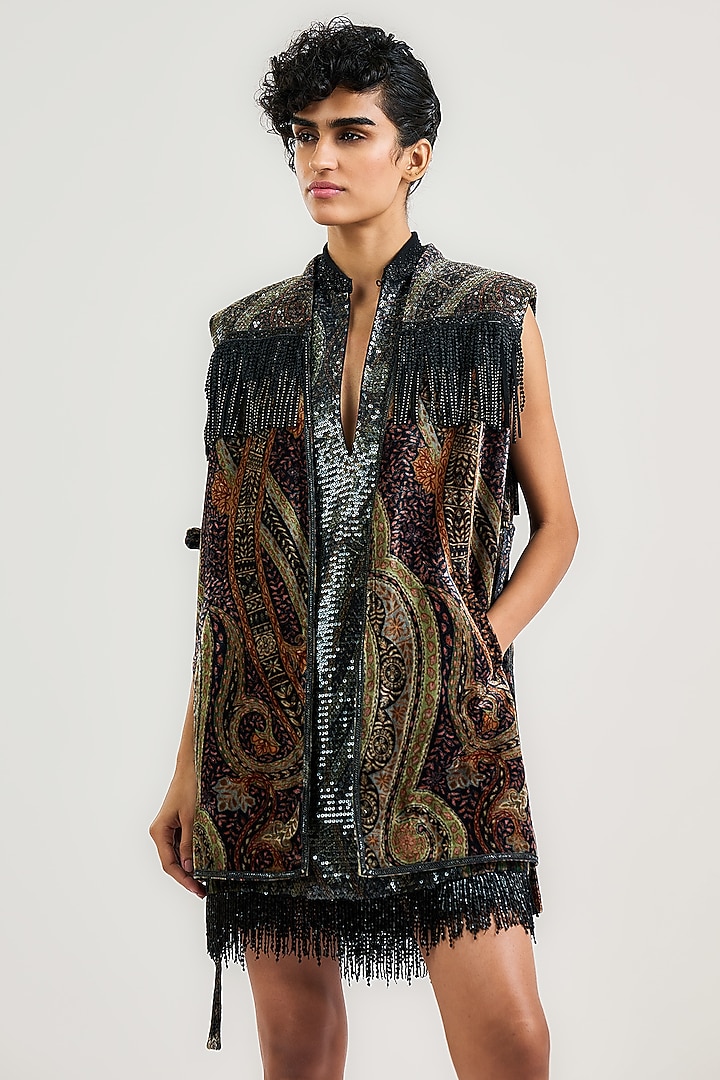 Black Silk Jamawar Printed Gilet by OTT by Tarun Tahiliani at Pernia's Pop Up Shop