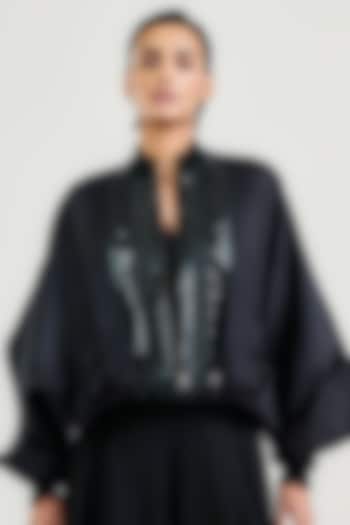 Black Silk Satin Organza Bead Work Oversized Bomber Jacket by OTT by Tarun Tahiliani at Pernia's Pop Up Shop