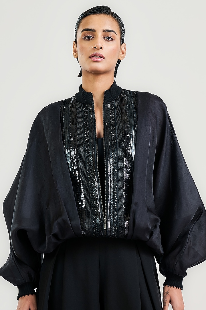 Black Silk Satin Organza Bead Work Oversized Bomber Jacket by OTT by Tarun Tahiliani at Pernia's Pop Up Shop