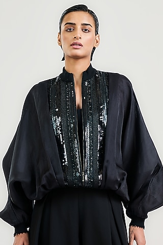 Black Silk Satin Organza Bead Work Oversized Bomber Jacket by OTT by Tarun Tahiliani
