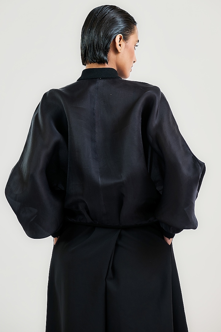 Black Silk Satin Organza Bead Work Oversized Bomber Jacket by OTT by Tarun Tahiliani at Pernia's Pop Up Shop