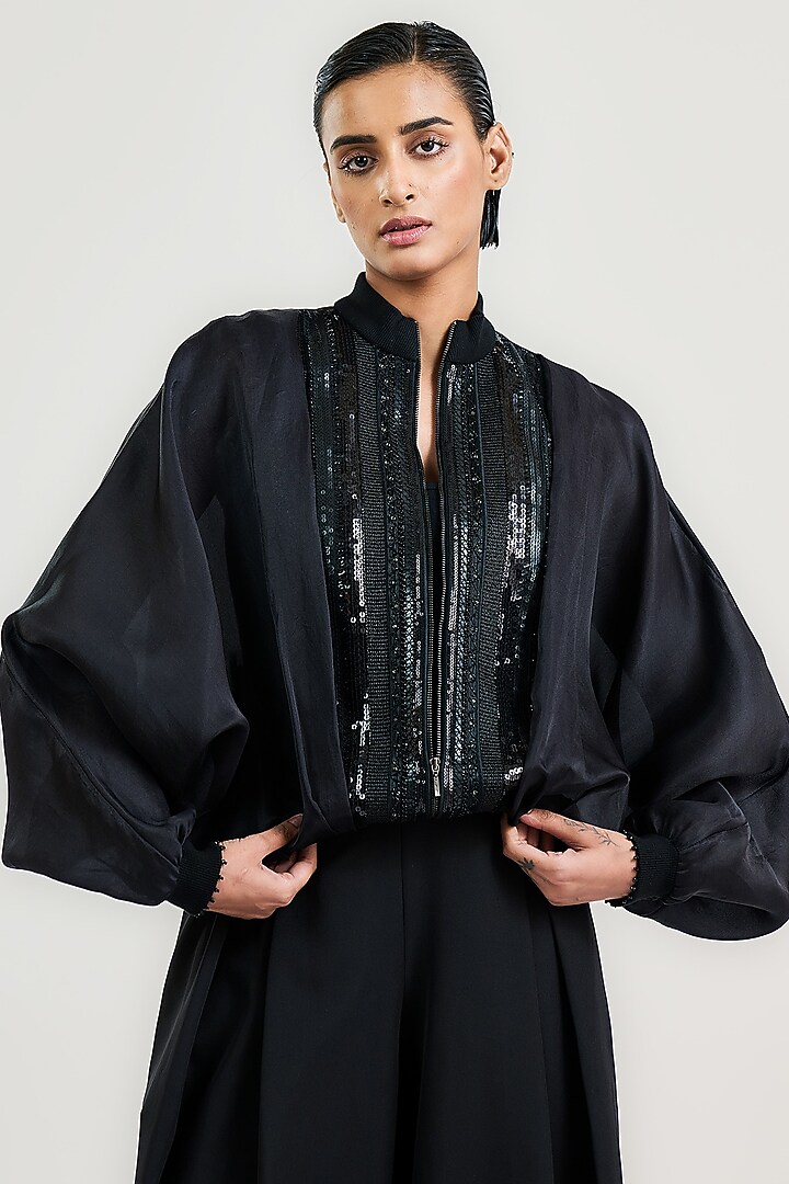 Black Silk Satin Organza Bead Work Oversized Bomber Jacket by OTT by Tarun Tahiliani at Pernia's Pop Up Shop