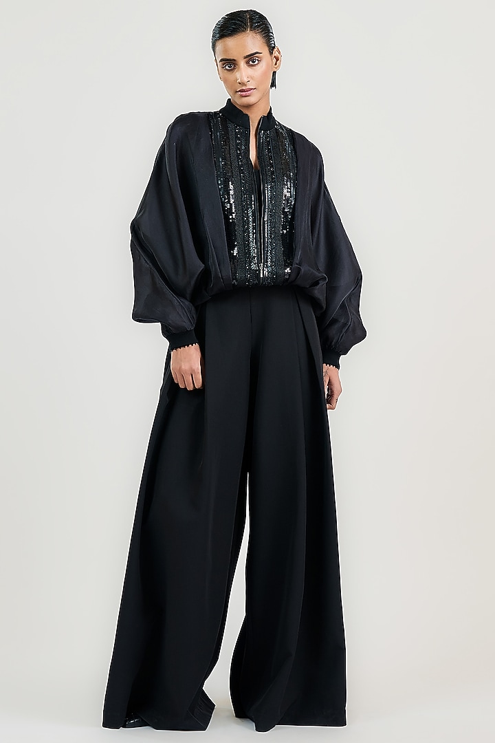 Black Silk Satin Organza Bead Work Oversized Bomber Jacket by OTT by Tarun Tahiliani at Pernia's Pop Up Shop