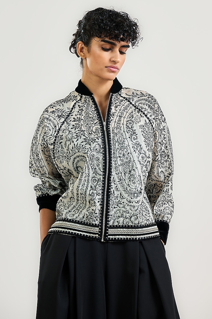 Ivory Jamawar Thread Embroidered Bomber Jacket by OTT by Tarun Tahiliani at Pernia's Pop Up Shop