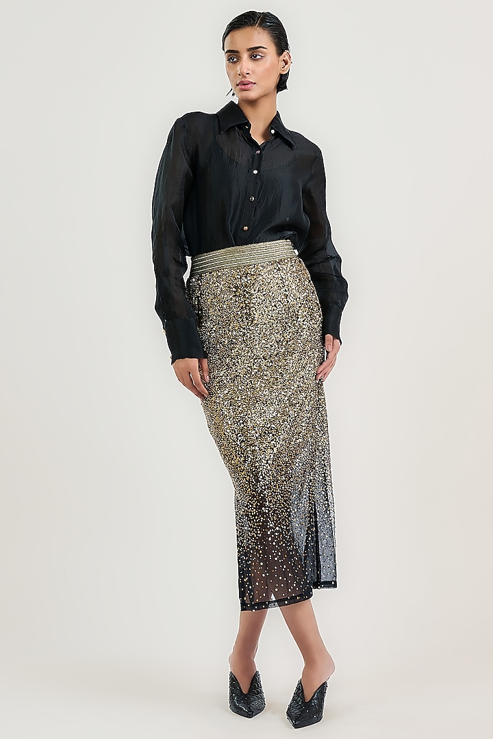 Black Tulle Sequin Embroidered Pencil Midi Skirt by OTT by Tarun Tahiliani at Pernia's Pop Up Shop
