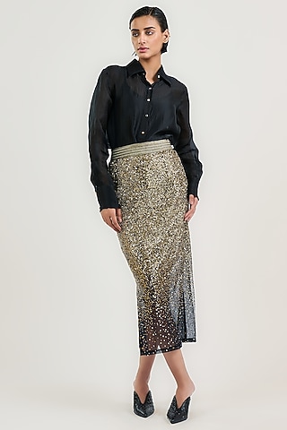 Black Tulle Sequin Embroidered Pencil Midi Skirt by OTT by Tarun Tahiliani