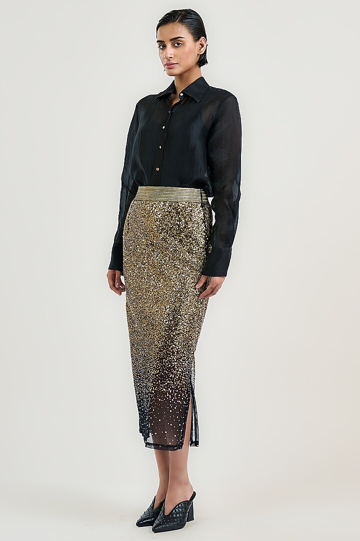 Black Tulle Sequin Embroidered Pencil Midi Skirt by OTT by Tarun Tahiliani at Pernia's Pop Up Shop
