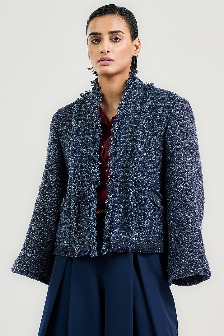 Navy Handwoven Cotton Blazer by OTT by Tarun Tahiliani at Pernia's Pop Up Shop