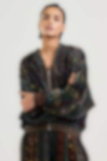 Burgundy Velvet Jamawar Printed Bomber Jacket by OTT by Tarun Tahiliani at Pernia's Pop Up Shop