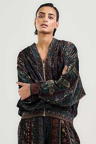 Burgundy Velvet Jamawar Printed Bomber Jacket by OTT by Tarun Tahiliani