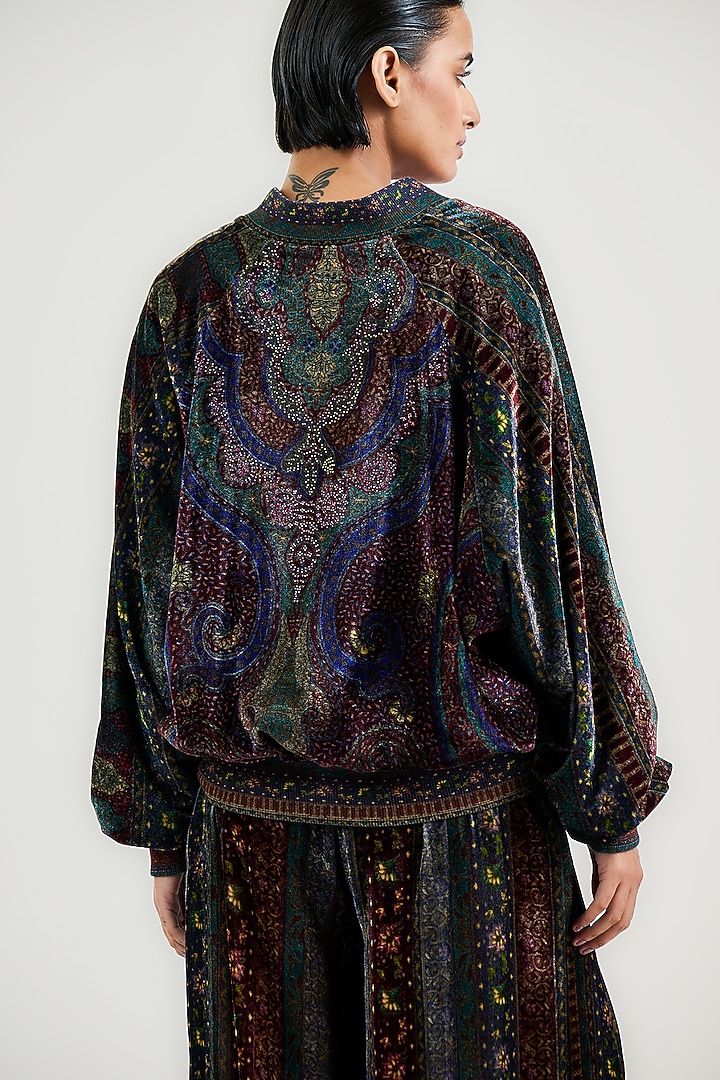 Burgundy Velvet Jamawar Printed Bomber Jacket by OTT by Tarun Tahiliani at Pernia's Pop Up Shop