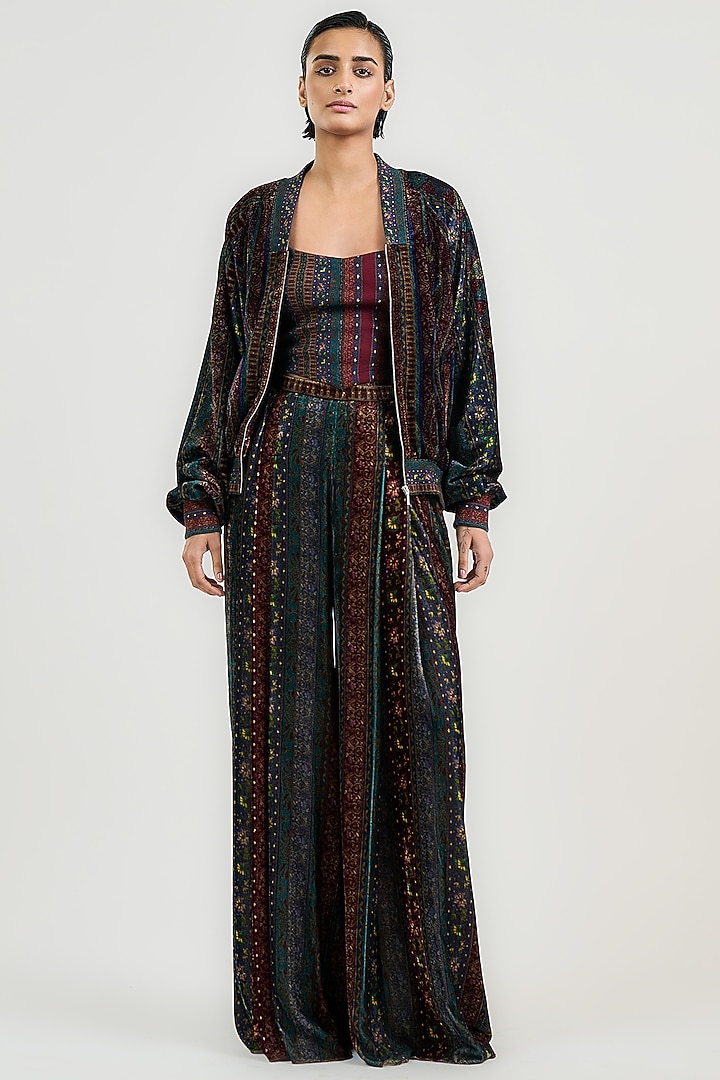 Burgundy Velvet Jamawar Printed Bomber Jacket by OTT by Tarun Tahiliani at Pernia's Pop Up Shop