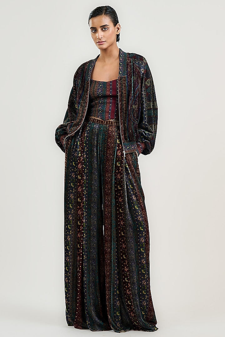 Burgundy Velvet Jamawar Printed Bomber Jacket by OTT by Tarun Tahiliani at Pernia's Pop Up Shop