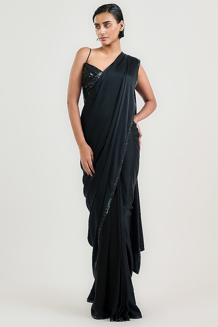 Black Silk Pleated & Draped Skirt Wedding Saree by OTT by Tarun Tahiliani at Pernia's Pop Up Shop