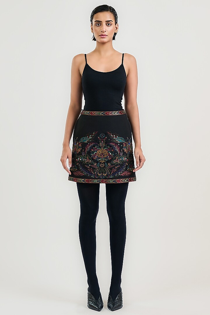 Black Crepe Embroidered Mini Skirt by OTT by Tarun Tahiliani at Pernia's Pop Up Shop