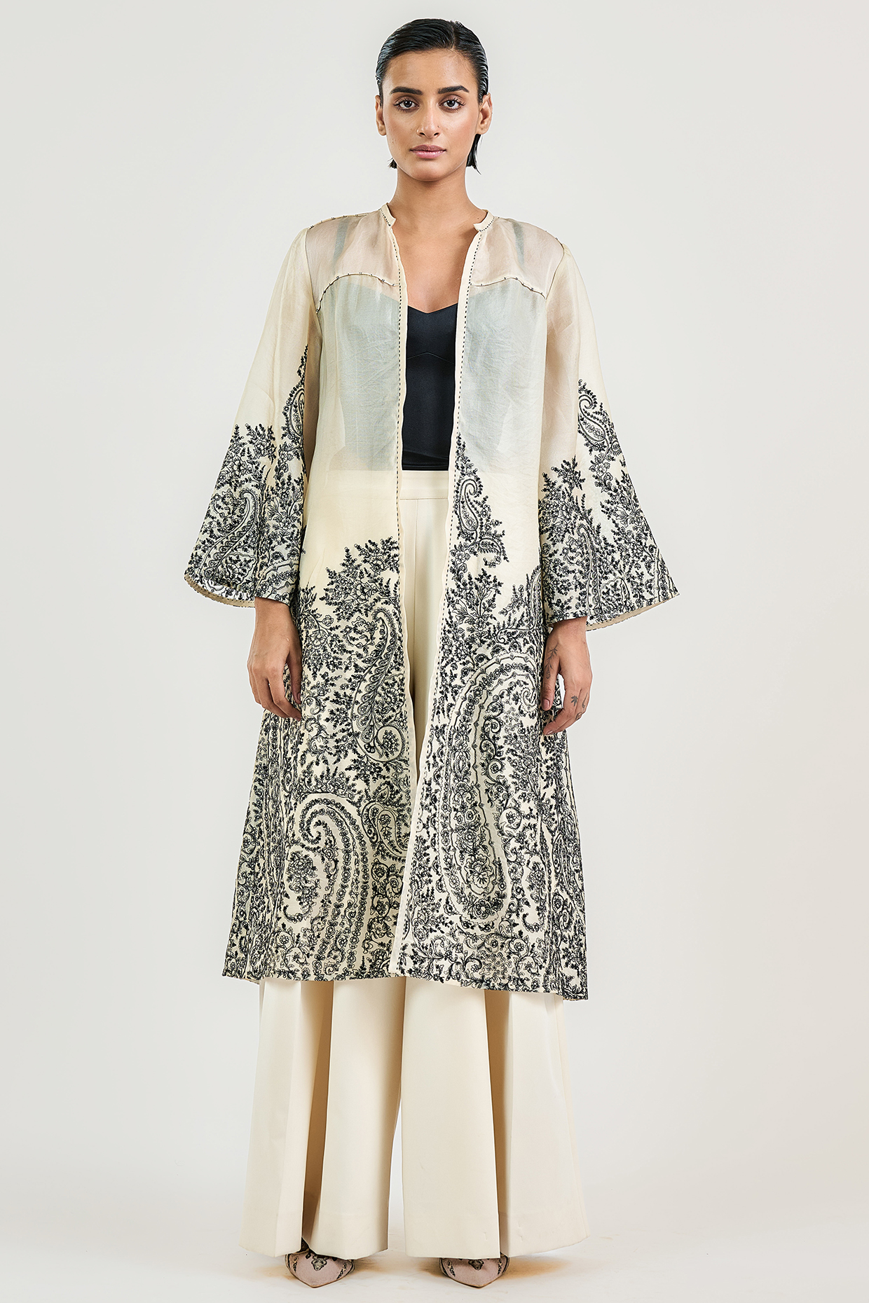 Ivory Silk Satin Organza Thread Work Oversized Shirt by OTT by Tarun Tahiliani at Pernia's Pop Up Shop