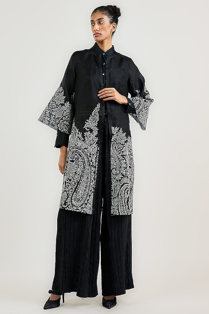 Black Silk Satin Organza Thread Work Oversized Shirt by OTT by Tarun Tahiliani at Pernia's Pop Up Shop