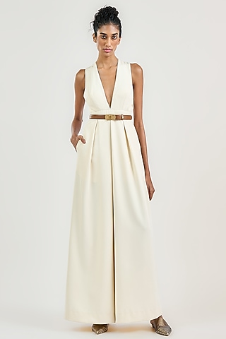 Ivory Crepe Pleated Jumpsuit by OTT by Tarun Tahiliani