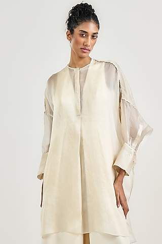 Ivory Satin Organza Oversized Tunic by OTT by Tarun Tahiliani