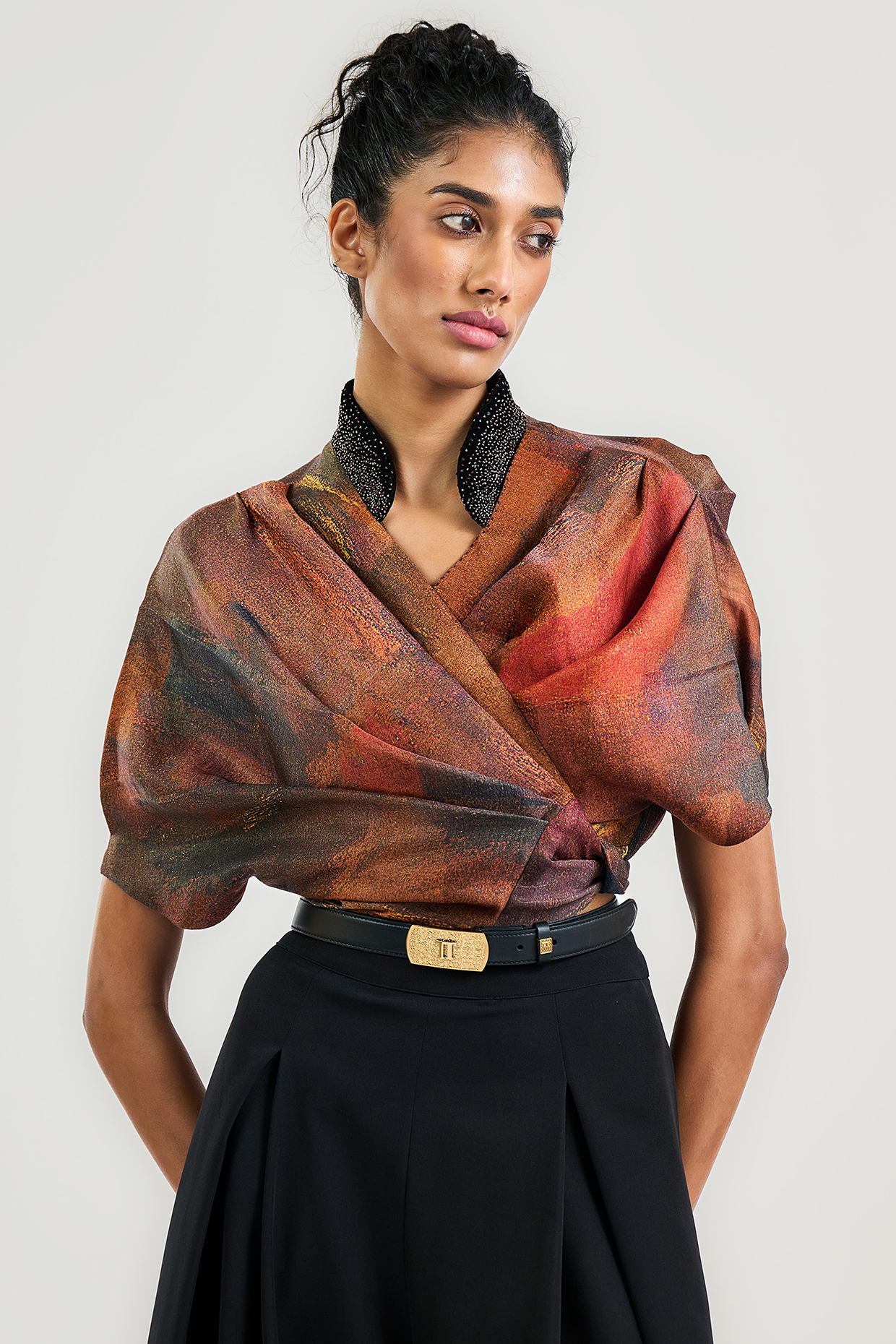 Rust Linen Satin Printed Wrap Top by OTT by Tarun Tahiliani at Pernia's Pop Up Shop