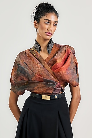 Rust Linen Satin Printed Wrap Top by OTT by Tarun Tahiliani