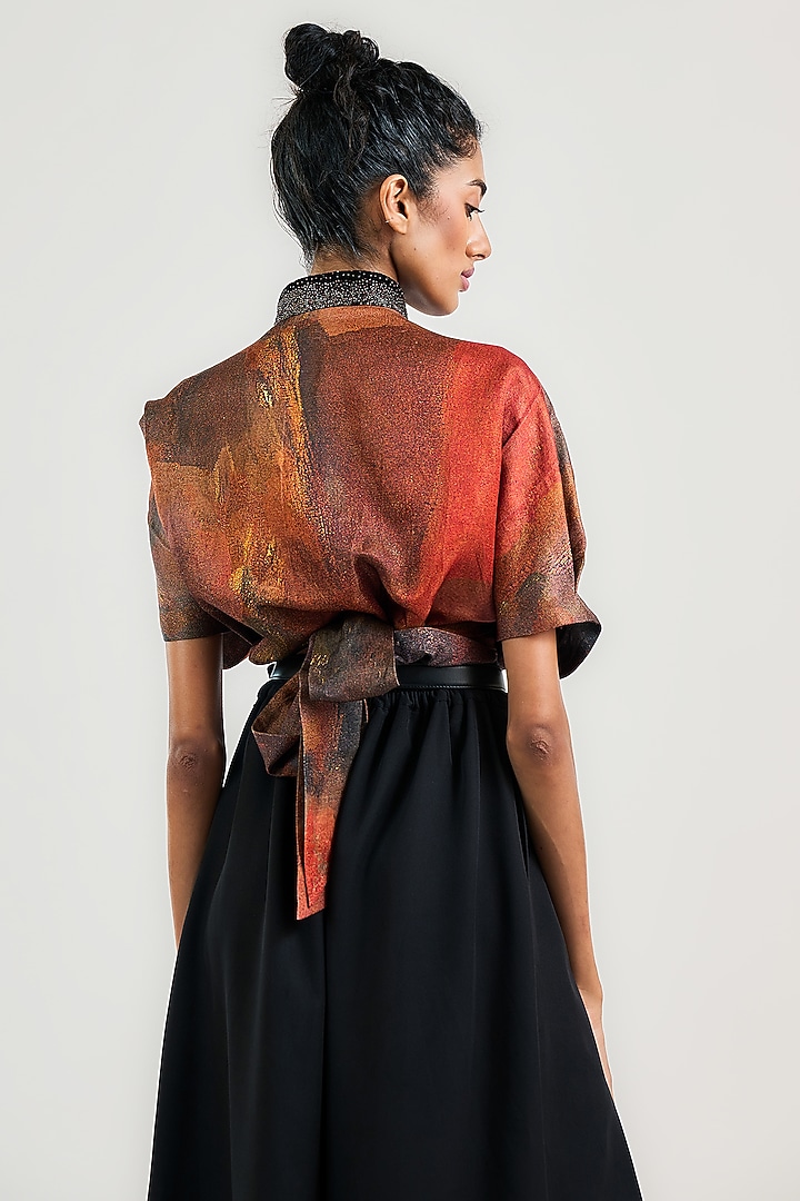 Rust Linen Satin Printed Wrap Top by OTT by Tarun Tahiliani at Pernia's Pop Up Shop