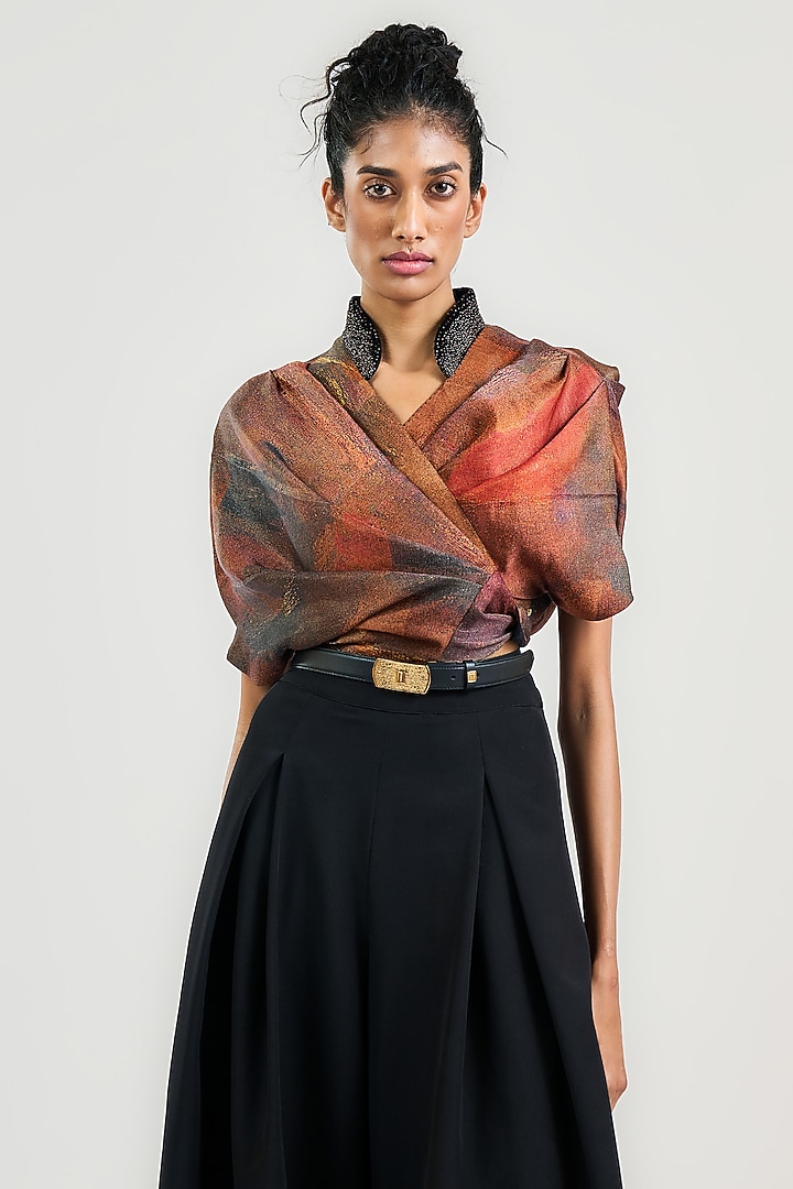 Rust Linen Satin Printed Wrap Top by OTT by Tarun Tahiliani at Pernia's Pop Up Shop