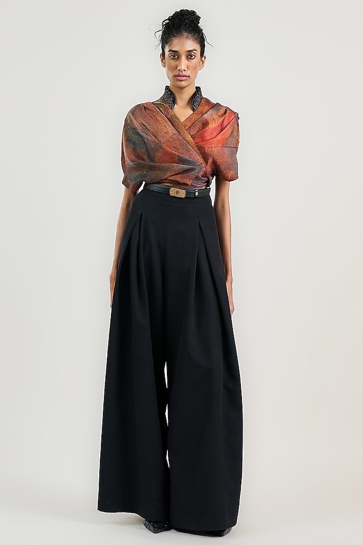 Rust Linen Satin Printed Wrap Top by OTT by Tarun Tahiliani at Pernia's Pop Up Shop