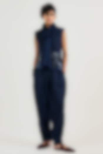 Navy Blue Linen Pleated Trousers by OTT by Tarun Tahiliani at Pernia's Pop Up Shop