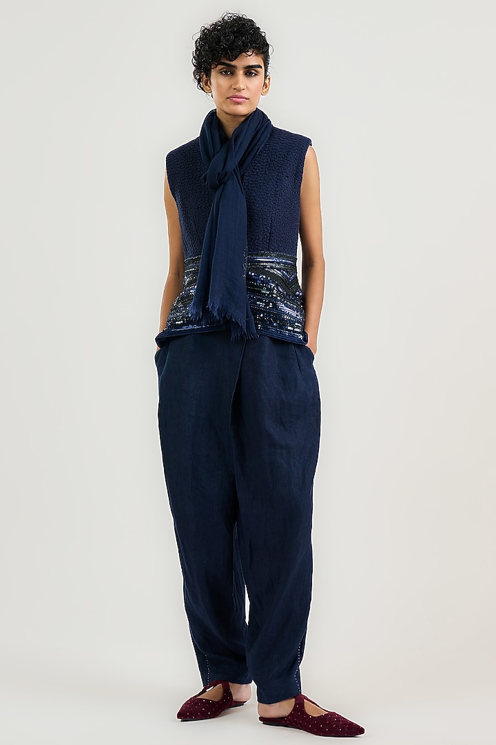 Navy Blue Linen Pleated Trousers by OTT by Tarun Tahiliani at Pernia's Pop Up Shop
