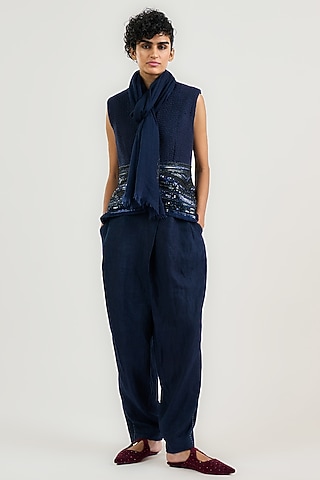 Navy Blue Linen Pleated Trousers by OTT by Tarun Tahiliani