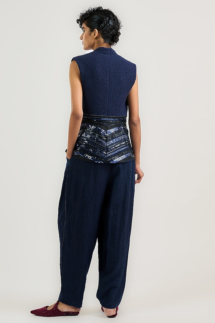 Navy Blue Linen Pleated Trousers by OTT by Tarun Tahiliani at Pernia's Pop Up Shop