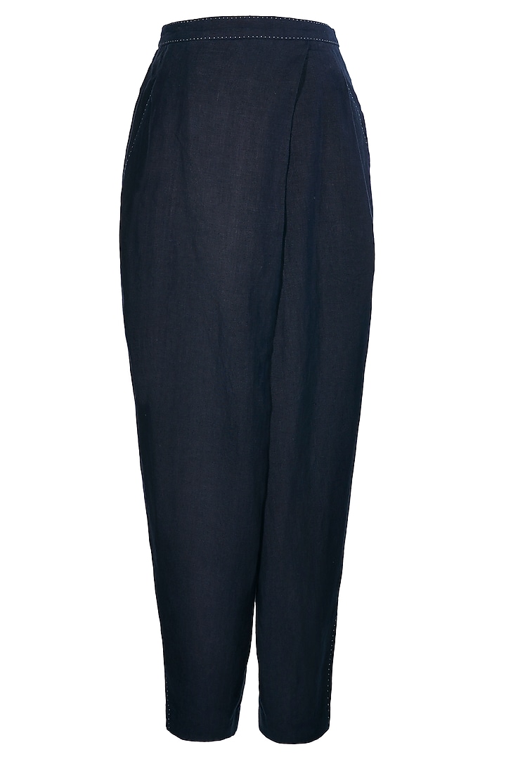 Navy Blue Linen Pleated Trousers by OTT by Tarun Tahiliani at Pernia's Pop Up Shop