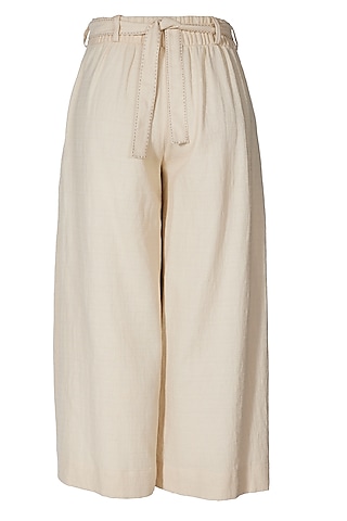 Ivory Cotton Pleated Culotte Pants by OTT by Tarun Tahiliani