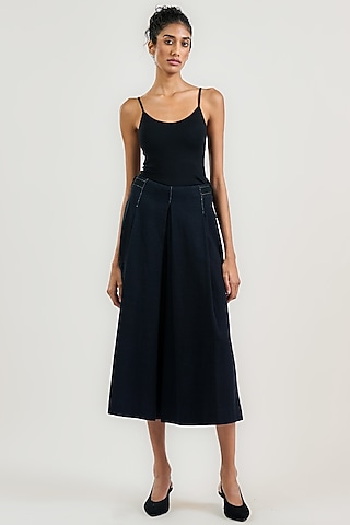 Navy Cotton Pleated Culotte Pants by OTT by Tarun Tahiliani